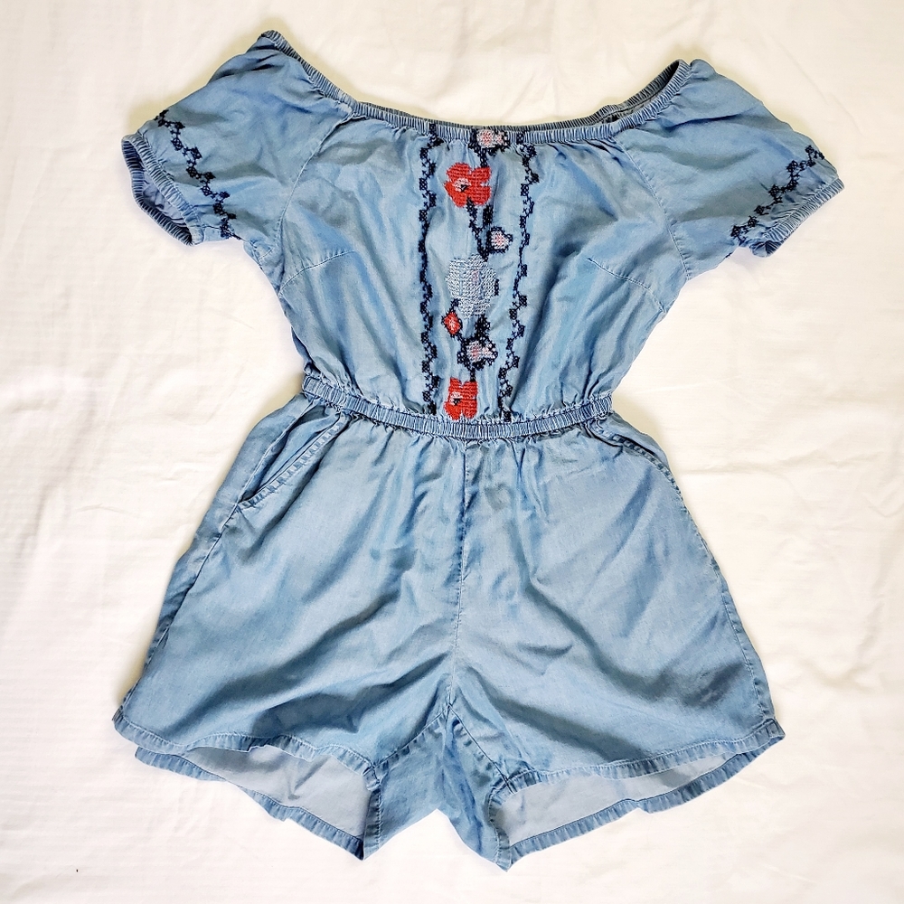 Denim Style Romper with Sweet Embroidery